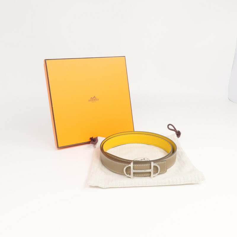 HERMES Epsom/Swift皮革Gamma Belt銀扣皮帶Etoupe/Jaune Ambre-6