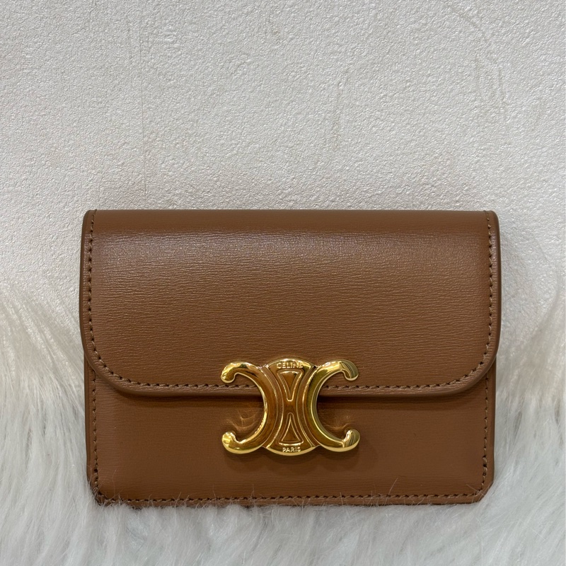 CELINE TRIOMPHE 10I583 金釦凱旋門金棕金牛皮 BOX 零錢包卡夾信用卡包名片夾短夾錢包-0
