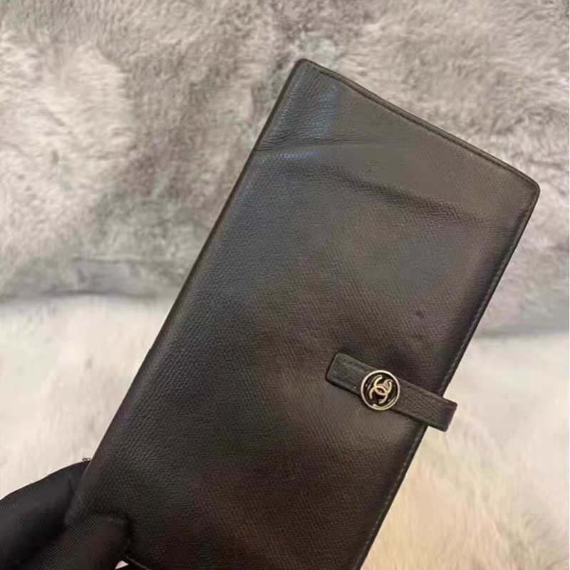 老香 CHANEL Vintage 黑色魚子醬皮 Coco Button 壓扣長夾|9字雷標|金黑圓扣-0