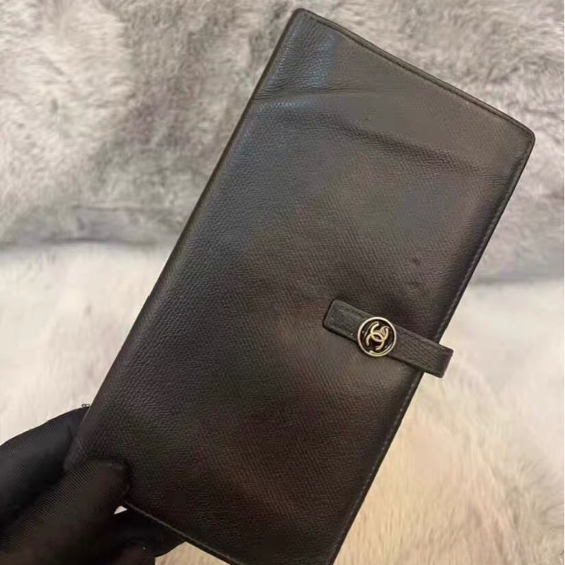 老香 CHANEL Vintage 黑色魚子醬皮 Coco Button 壓扣長夾|9字雷標|金黑圓扣-7