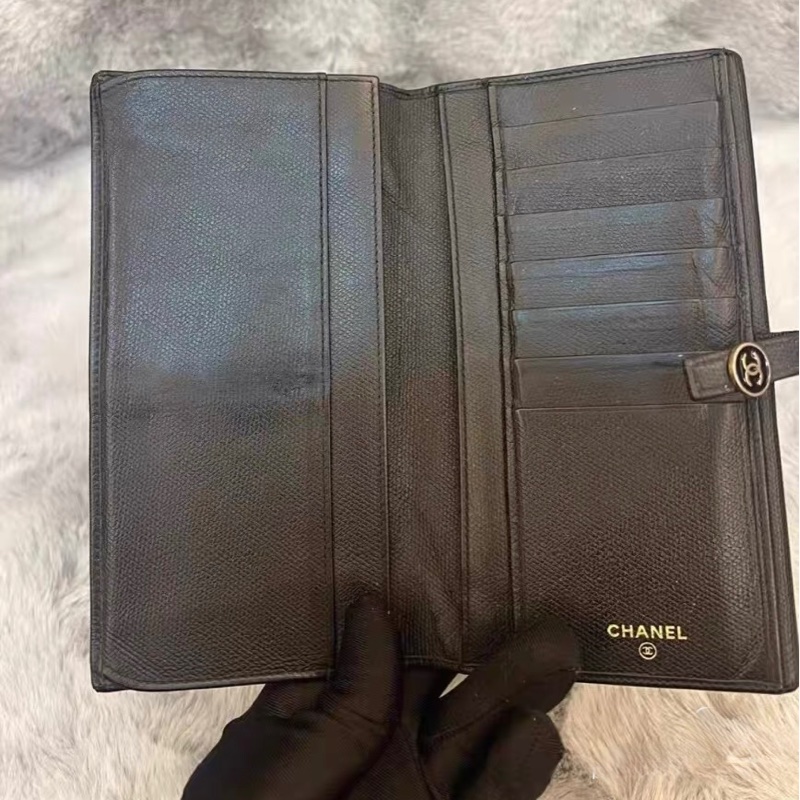 老香 CHANEL Vintage 黑色魚子醬皮 Coco Button 壓扣長夾|9字雷標|金黑圓扣-8