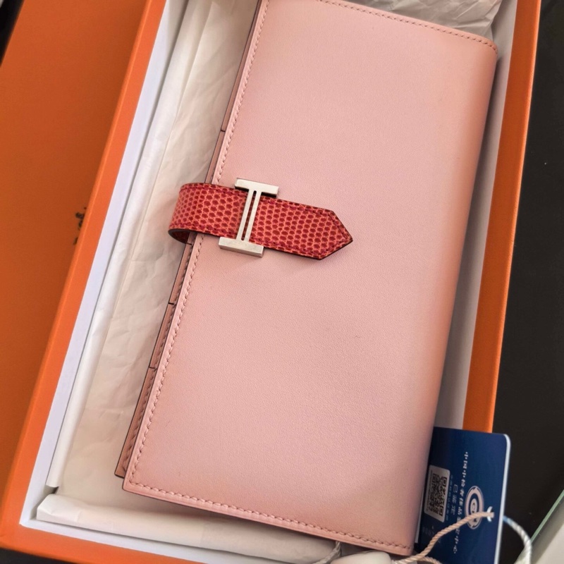 超值漏價! 未使用 愛馬仕Hermès Béarn Soufflet 長夾|Swift 櫻花粉|蜥蜴皮紅扣帶|銀H扣|收藏級搭配-0