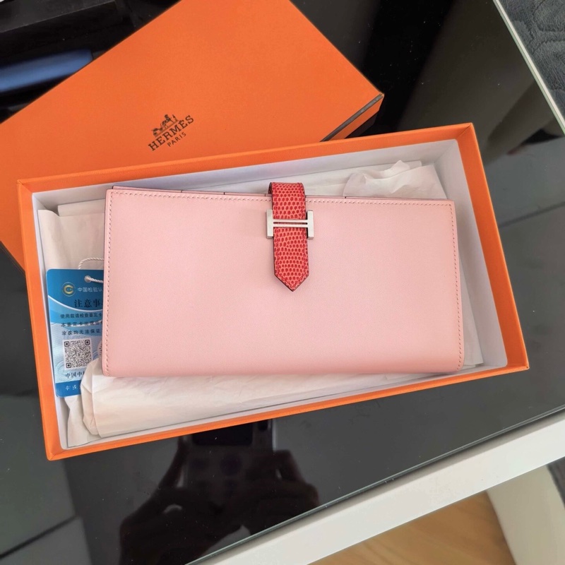 超值漏價! 未使用 愛馬仕Hermès Béarn Soufflet 長夾|Swift 櫻花粉|蜥蜴皮紅扣帶|銀H扣|收藏級搭配-1