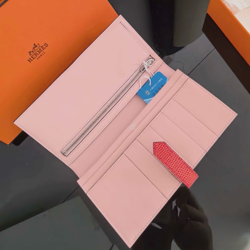超值漏價! 未使用 愛馬仕Hermès Béarn Soufflet 長夾|Swift 櫻花粉|蜥蜴皮紅扣帶|銀H扣|收藏級搭配-3