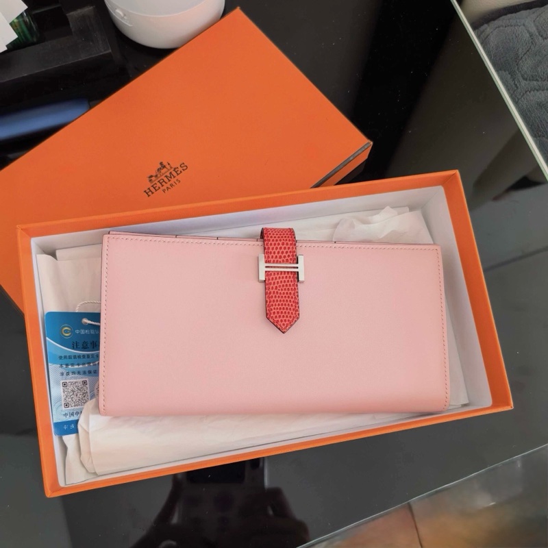 超值漏價! 未使用 愛馬仕Hermès Béarn Soufflet 長夾|Swift 櫻花粉|蜥蜴皮紅扣帶|銀H扣|收藏級搭配-4