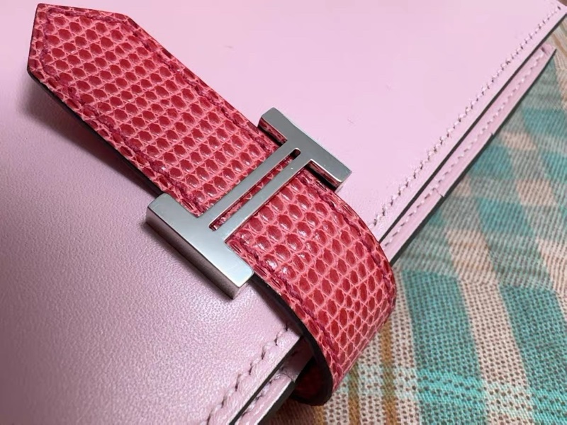 超值漏價! 未使用 愛馬仕Hermès Béarn Soufflet 長夾|Swift 櫻花粉|蜥蜴皮紅扣帶|銀H扣|收藏級搭配-5