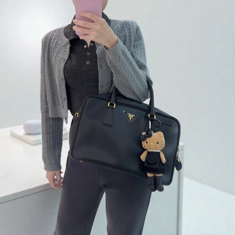 PRADA黑金牛皮方形手提托特包BL0095-1