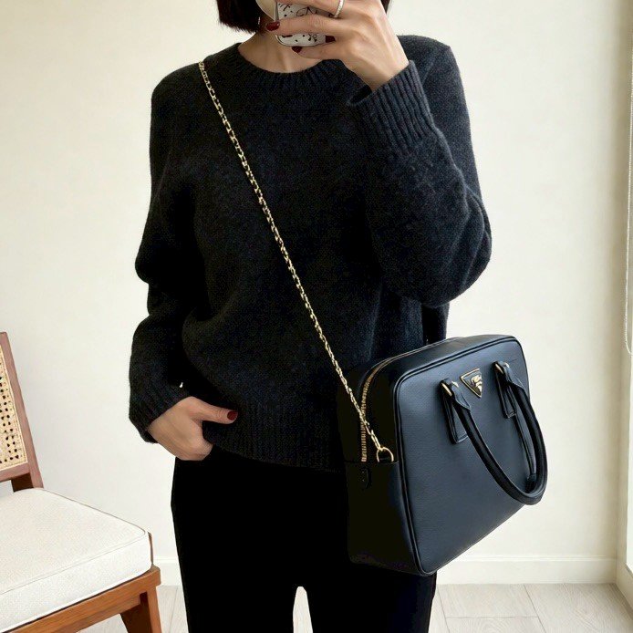 PRADA黑金牛皮方形手提托特包BL0095-2