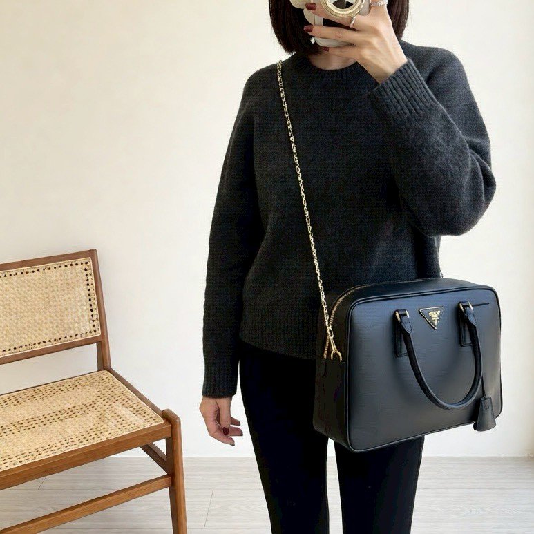 PRADA黑金牛皮方形手提托特包BL0095-3