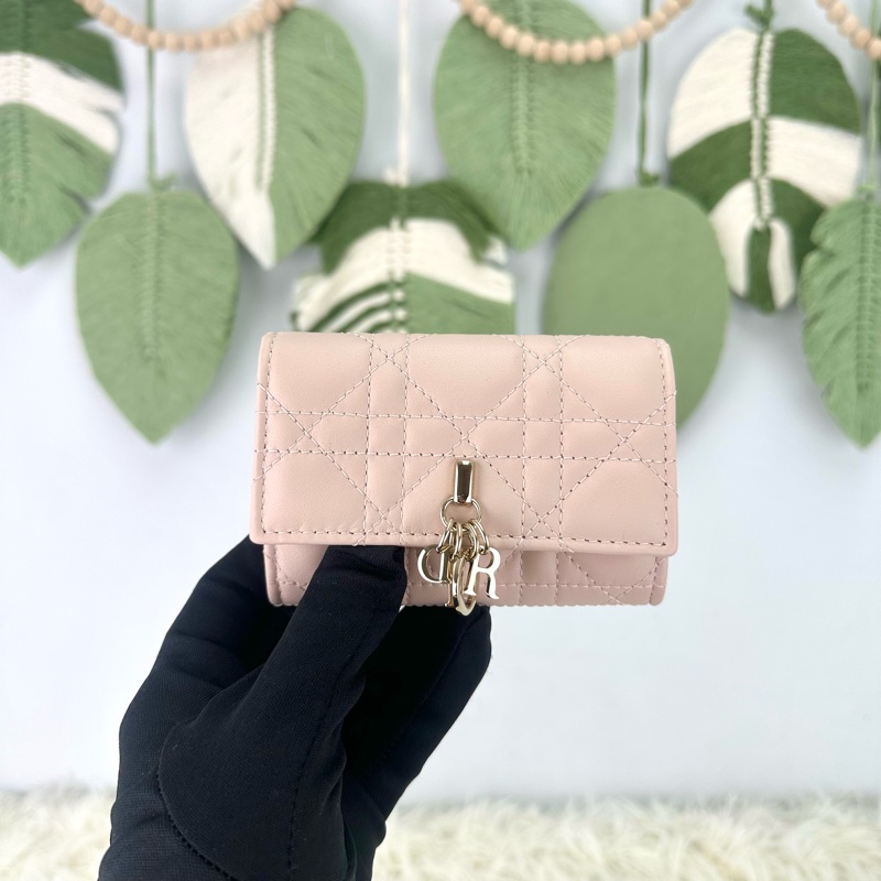 閑置品🌟DIOR Glycine 粉色羊皮金扣 卡片包 2025年全套有盒-0