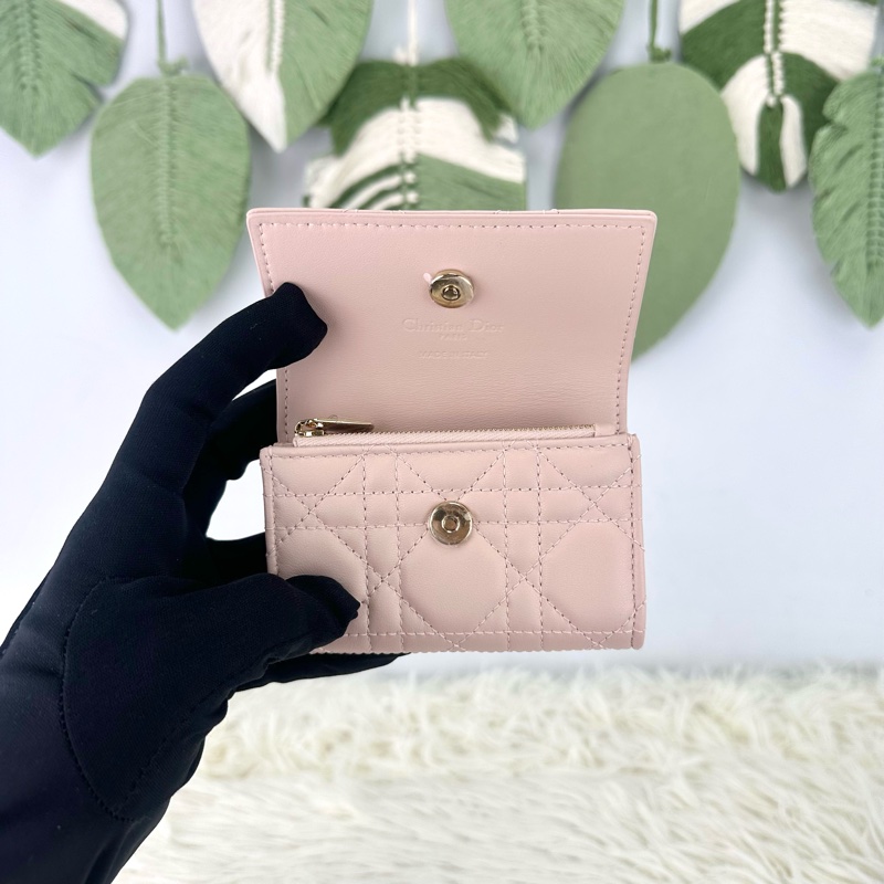 閑置品🌟DIOR Glycine 粉色羊皮金扣 卡片包 2025年全套有盒-4
