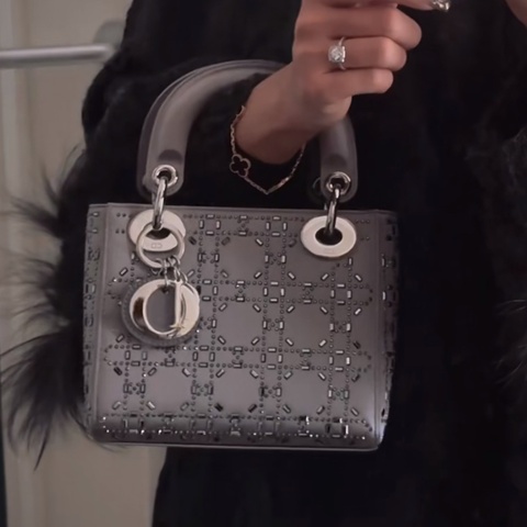 D I O R D R絲綢緞面水鑽三格灰色黛妃