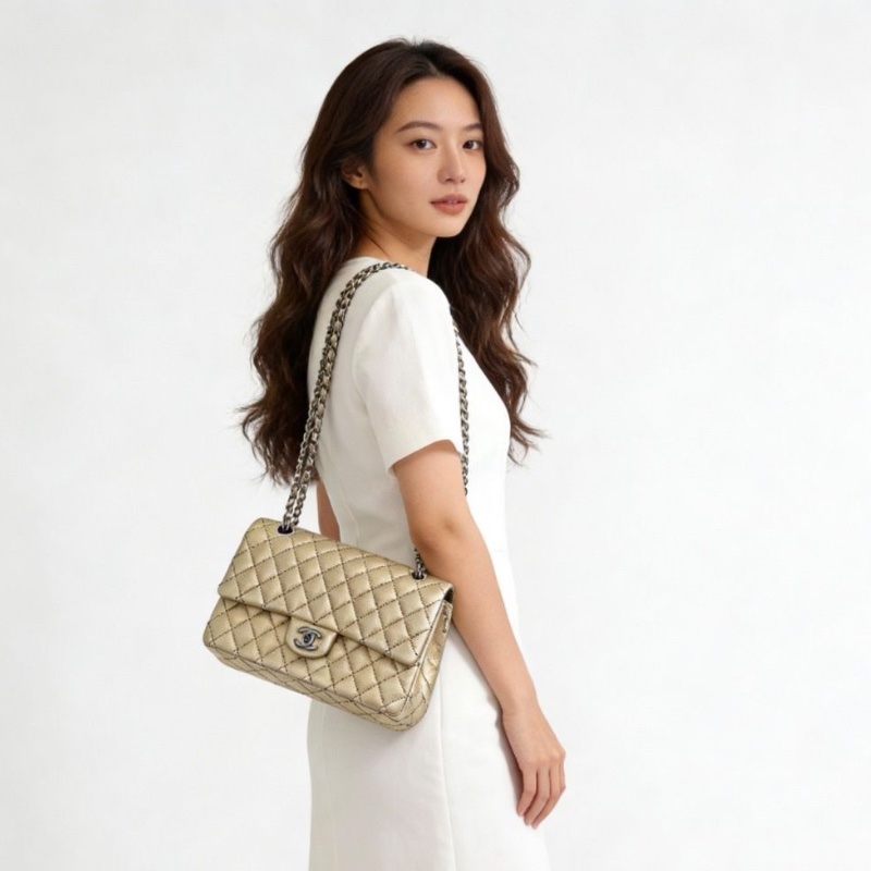 CHANEL 限量香檳金色銀扣 cf中號肩背斜背鏈條包25*16*6.5 全新閒置配件盒子塵袋保卡吊牌-0