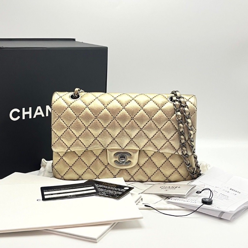 CHANEL 限量香檳金色銀扣 cf中號肩背斜背鏈條包25*16*6.5 全新閒置配件盒子塵袋保卡吊牌-1