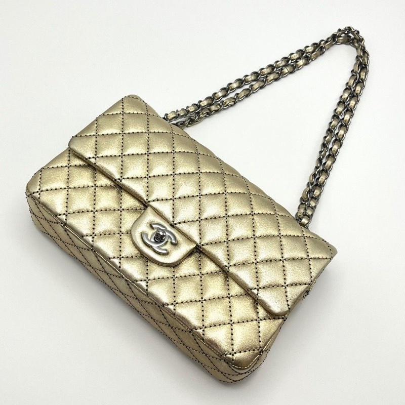 CHANEL 限量香檳金色銀扣 cf中號肩背斜背鏈條包25*16*6.5 全新閒置配件盒子塵袋保卡吊牌-3