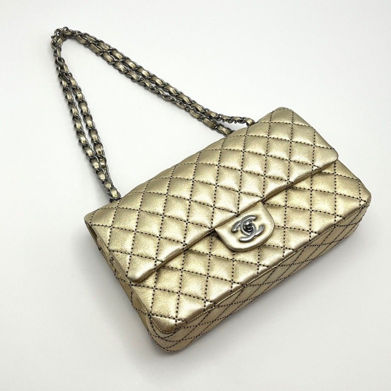 CHANEL 限量香檳金色銀扣 cf中號肩背斜背鏈條包25*16*6.5 全新閒置配件盒子塵袋保卡吊牌-5