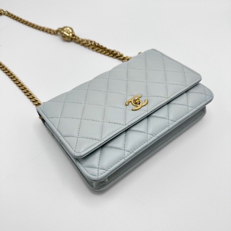 CHANEL 淡藍色菱格紋羊皮山茶花肩背斜背包19.5*12*3.5 98新配件塵袋-1