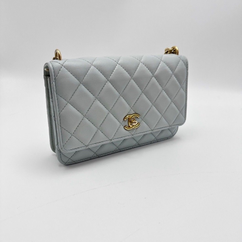 CHANEL 淡藍色菱格紋羊皮山茶花肩背斜背包19.5*12*3.5 98新配件塵袋-2
