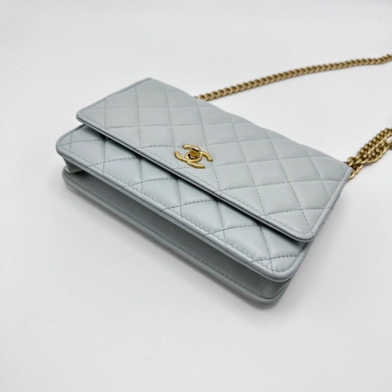CHANEL 淡藍色菱格紋羊皮山茶花肩背斜背包19.5*12*3.5 98新配件塵袋-3