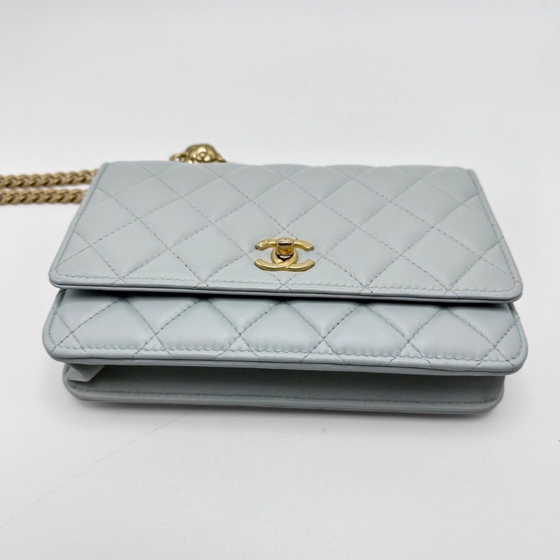 CHANEL 淡藍色菱格紋羊皮山茶花肩背斜背包19.5*12*3.5 98新配件塵袋-4