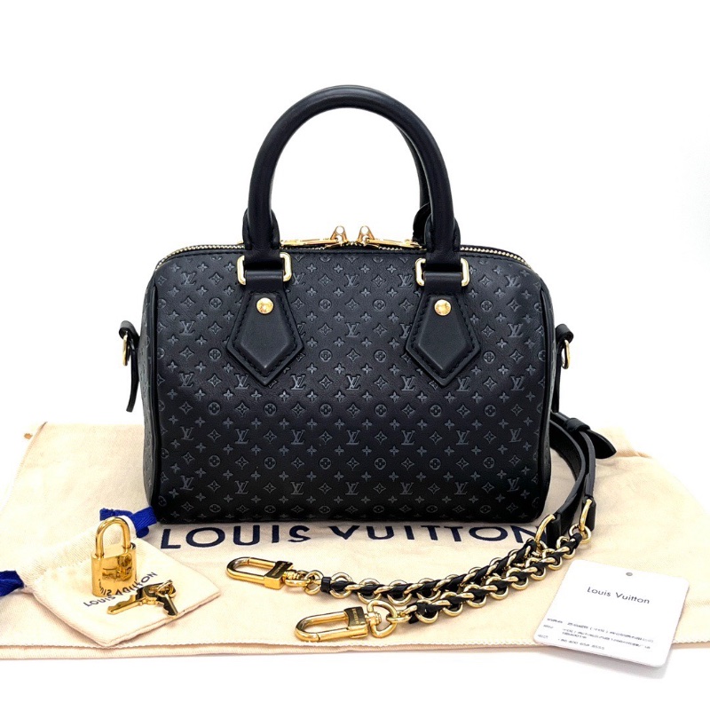 LV黑壓紋小花 speedy20手提肩背包芯片款20.5*13*11.5 98新配件塵袋鎖鑰匙吊牌-1