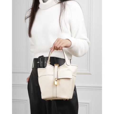 HERMES 奶油白帆布拼皮cargo18菜籃子手提包18*18*13 98新配件塵袋鎖鑰匙