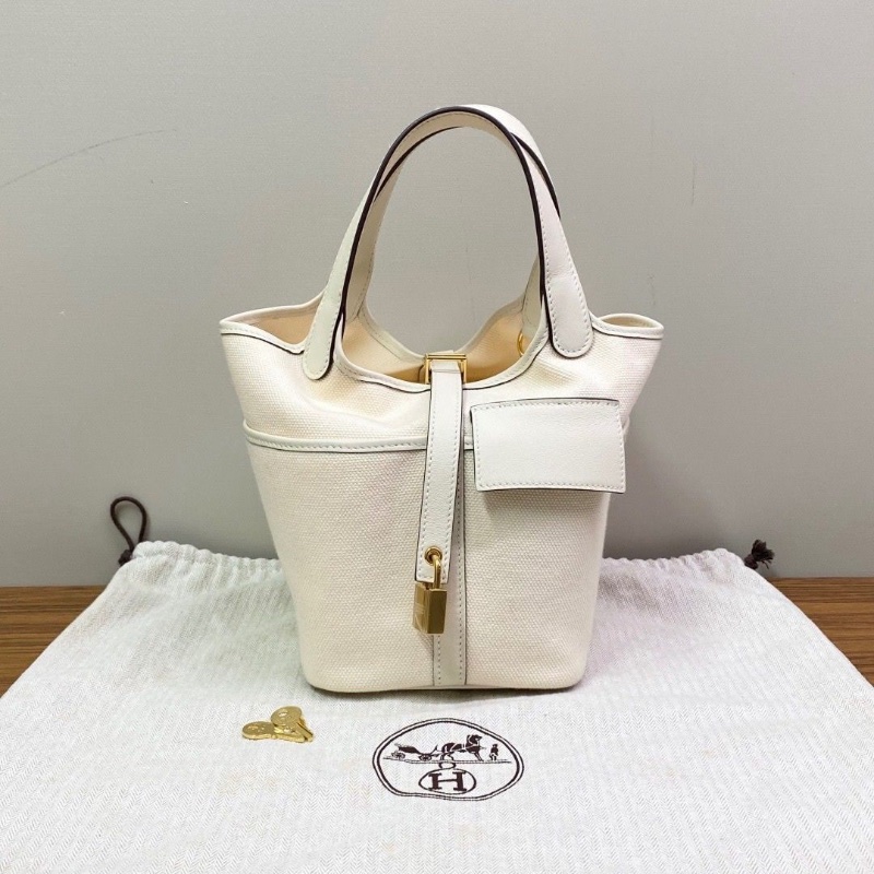 HERMES 奶油白帆布拼皮cargo18菜籃子手提包18*18*13 98新配件塵袋鎖鑰匙-1