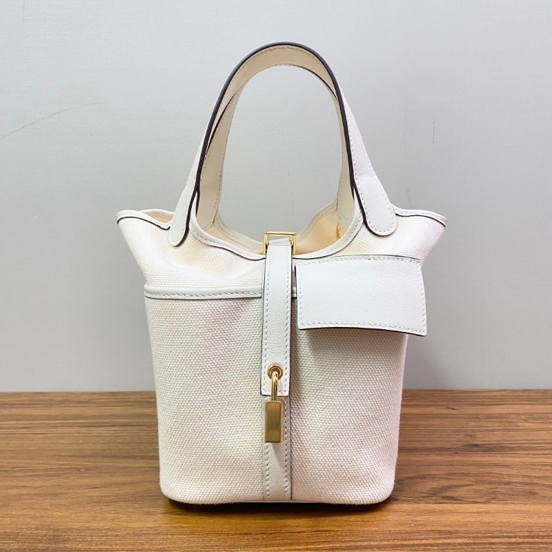 HERMES 奶油白帆布拼皮cargo18菜籃子手提包18*18*13 98新配件塵袋鎖鑰匙-3