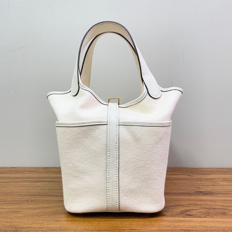 HERMES 奶油白帆布拼皮cargo18菜籃子手提包18*18*13 98新配件塵袋鎖鑰匙-5