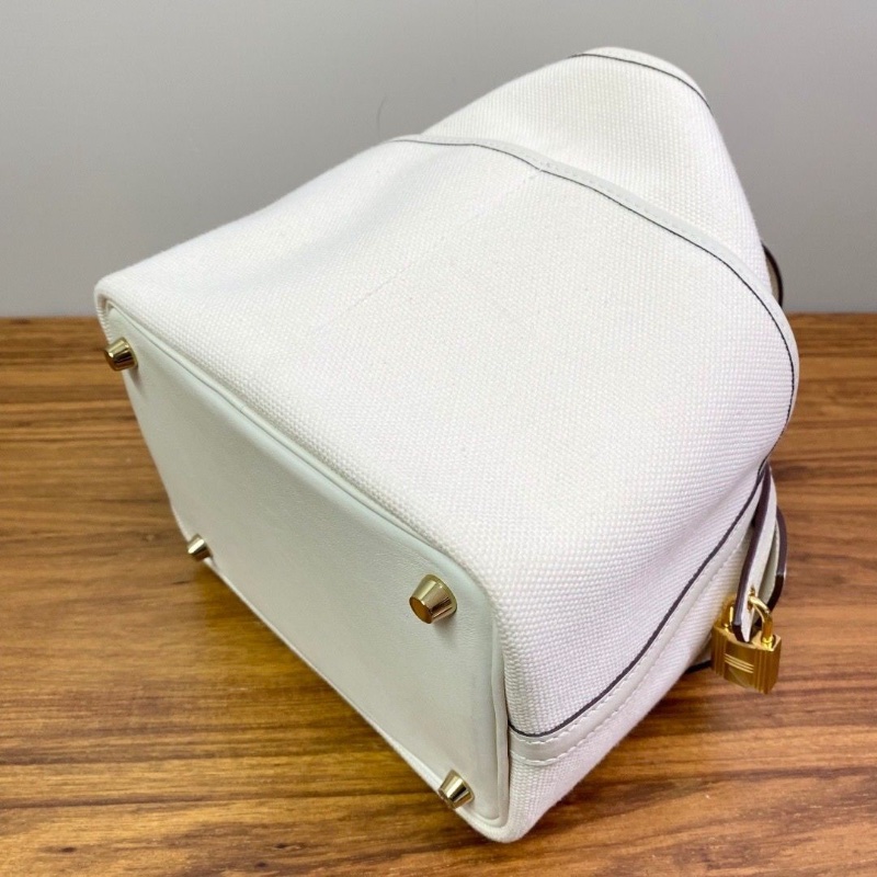 HERMES 奶油白帆布拼皮cargo18菜籃子手提包18*18*13 98新配件塵袋鎖鑰匙-6