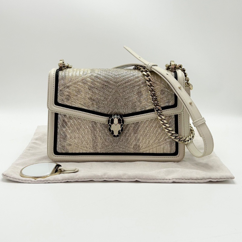 BVLGARI SerpentiDiamondBlast  黑白拼色蛇頭肩背斜背包24*16*6 98新配件塵袋鏡子-1