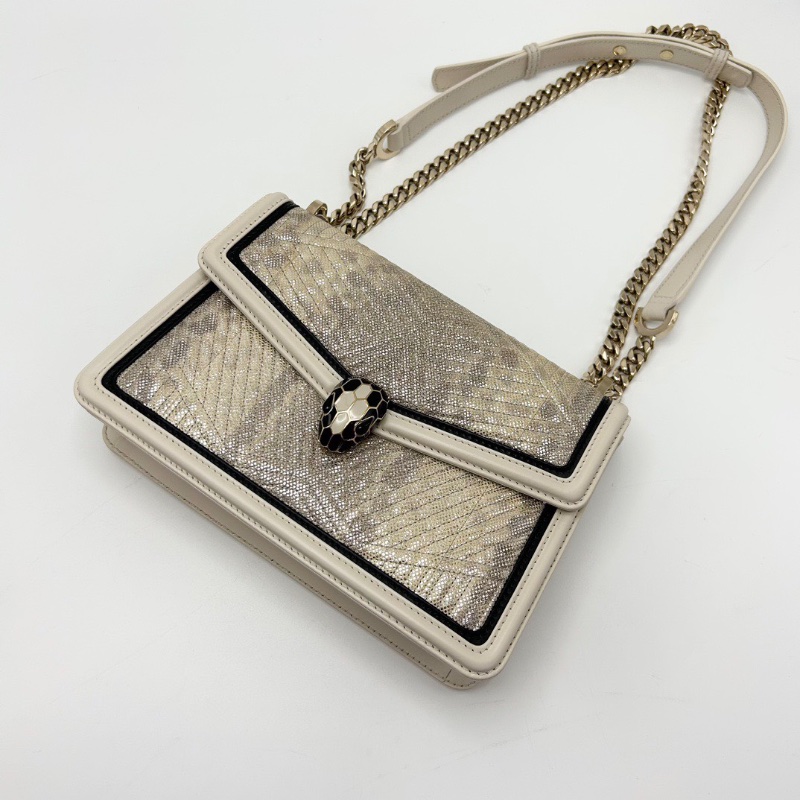 BVLGARI SerpentiDiamondBlast  黑白拼色蛇頭肩背斜背包24*16*6 98新配件塵袋鏡子-3
