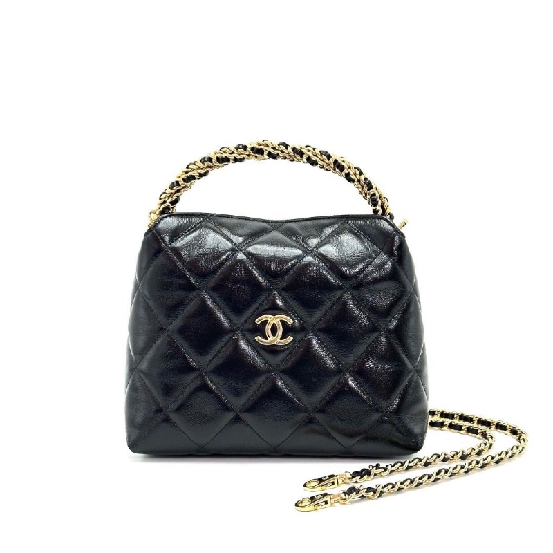 CHANEL 24b黑金麻花手柄hobo手提肩背斜背飯盒包 18.5*14*7 99新配件塵袋-1