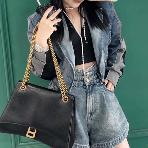 BALENCIAGA crush 黑金中號沙漏包肩背斜背包31.5*19.5*10.5 98新配件塵袋