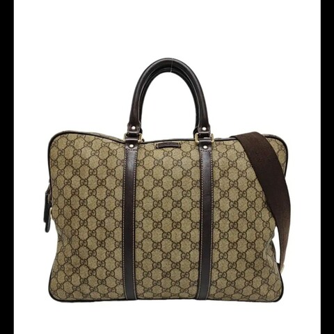 GUCCI Joy 棕色塗層帆布老花電腦公事包手提包金色五金 可拆卸肩帶