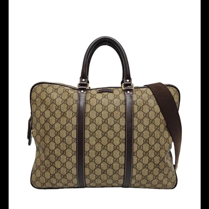 GUCCI Joy 棕色塗層帆布老花電腦公事包手提包金色五金 可拆卸肩帶-0