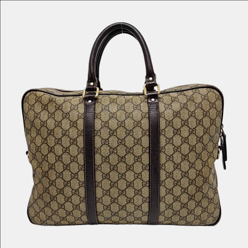 GUCCI Joy 棕色塗層帆布老花電腦公事包手提包金色五金 可拆卸肩帶-3