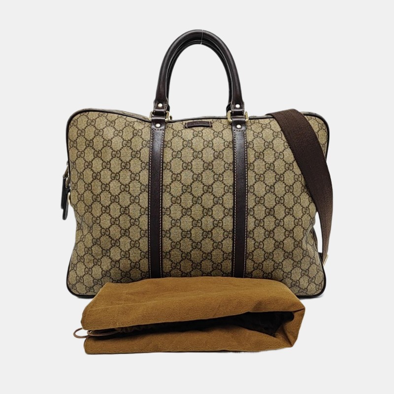GUCCI Joy 棕色塗層帆布老花電腦公事包手提包金色五金 可拆卸肩帶-6