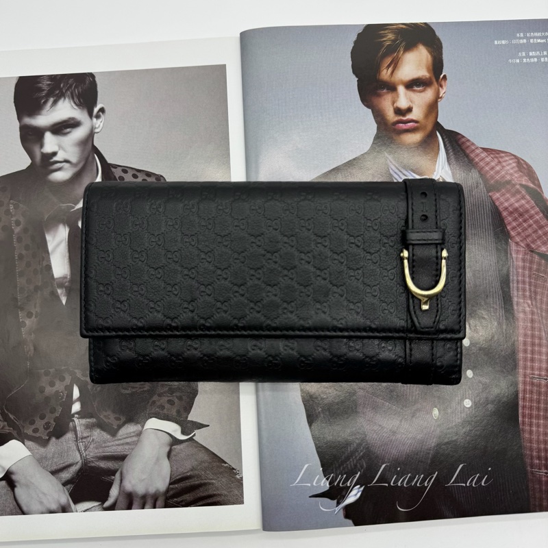 GUCCI 古馳Microguccissima 皮帶扣黑色長夾-0