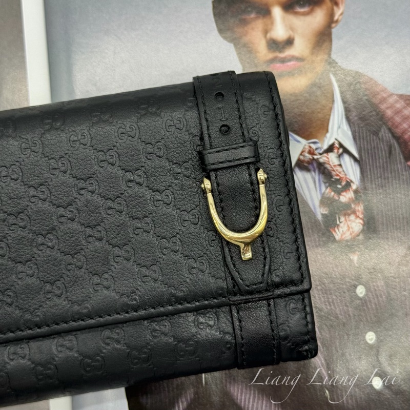 GUCCI 古馳Microguccissima 皮帶扣黑色長夾-4