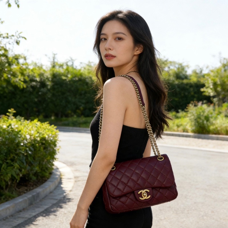 CHANEL酒紅色金扣CF 大mini手提肩背斜背包20*12*6.5 98新配件塵袋保卡-0