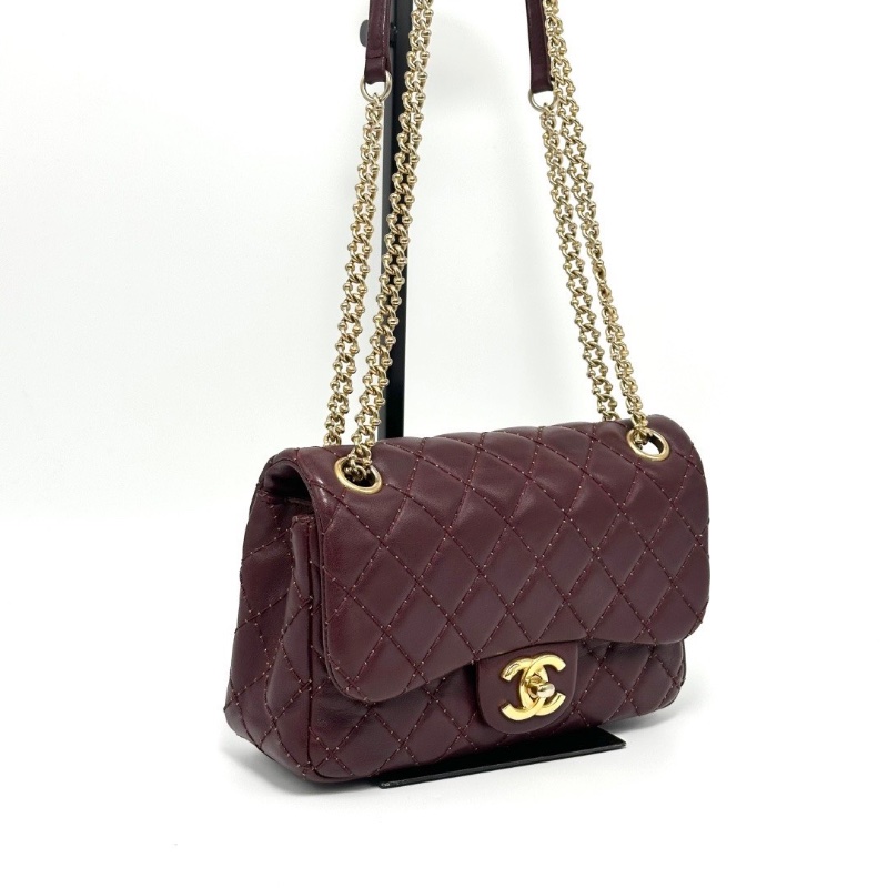 CHANEL酒紅色金扣CF 大mini手提肩背斜背包20*12*6.5 98新配件塵袋保卡-2