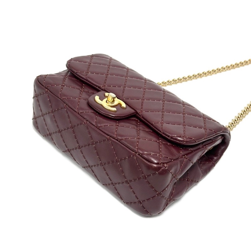 CHANEL酒紅色金扣CF 大mini手提肩背斜背包20*12*6.5 98新配件塵袋保卡-3