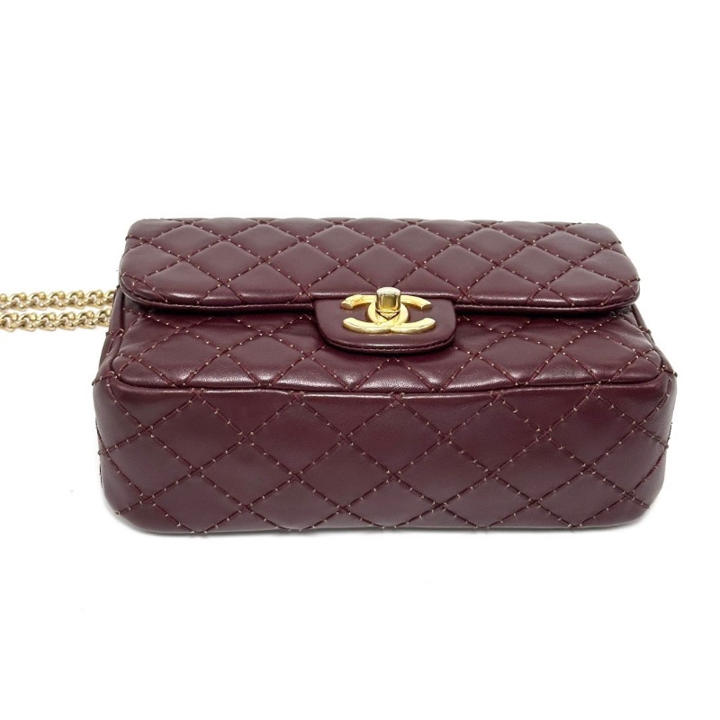 CHANEL酒紅色金扣CF 大mini手提肩背斜背包20*12*6.5 98新配件塵袋保卡-4