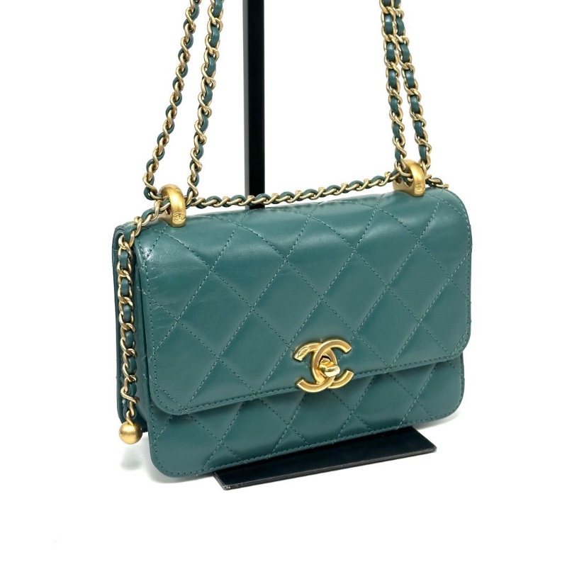 CHANEL孔雀綠金扣雙金珠 Woc肩背斜背包19*12*4 98新配件塵袋-2