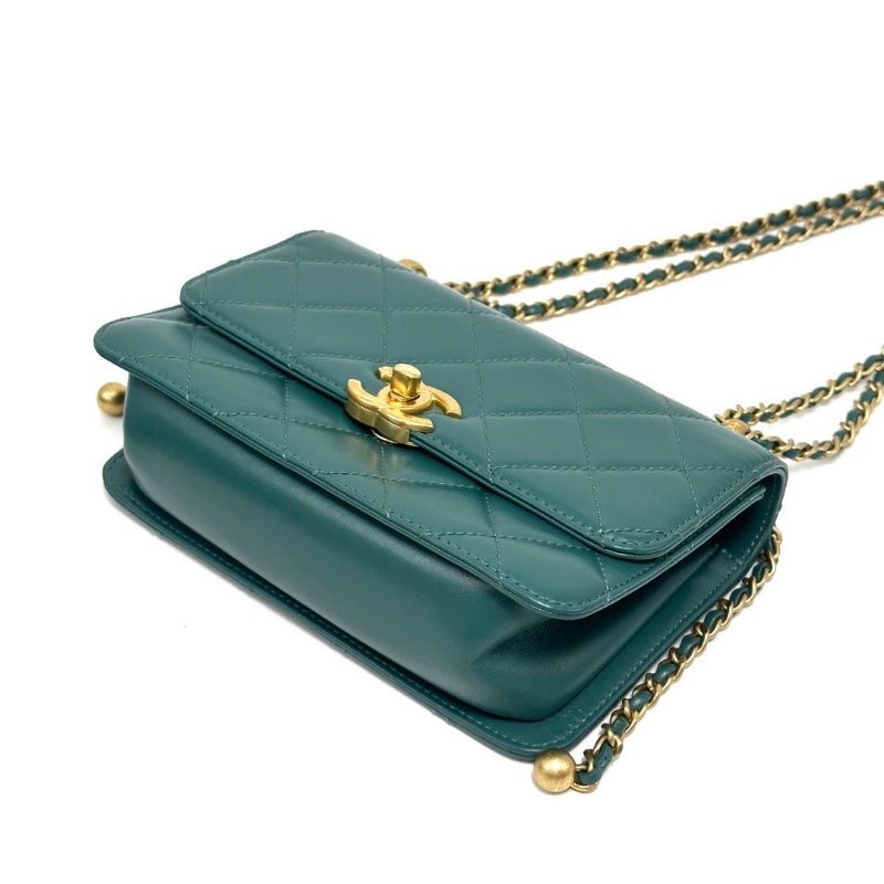 CHANEL孔雀綠金扣雙金珠 Woc肩背斜背包19*12*4 98新配件塵袋-3