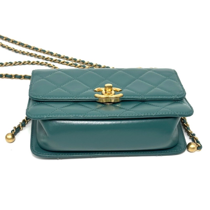 CHANEL孔雀綠金扣雙金珠 Woc肩背斜背包19*12*4 98新配件塵袋-4