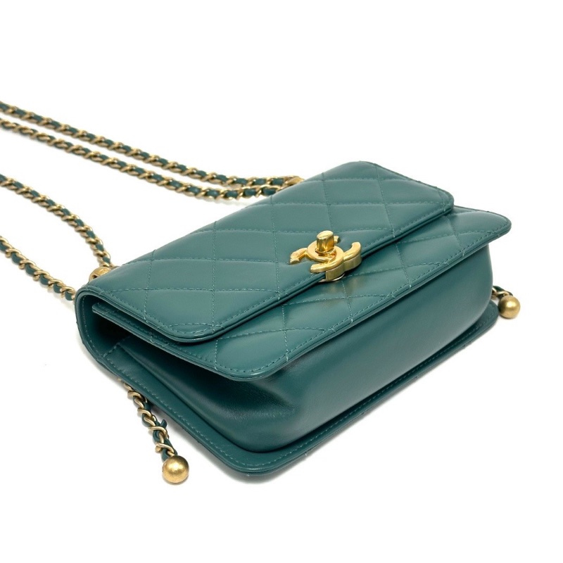 CHANEL孔雀綠金扣雙金珠 Woc肩背斜背包19*12*4 98新配件塵袋-5