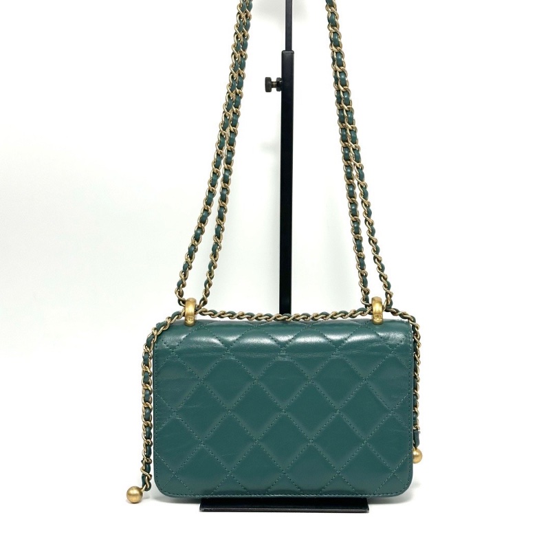 CHANEL孔雀綠金扣雙金珠 Woc肩背斜背包19*12*4 98新配件塵袋-6