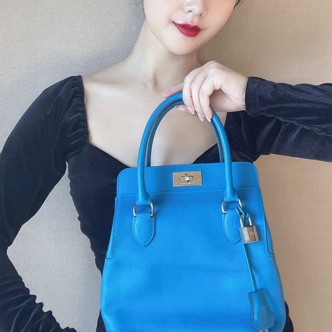 HERMES松石藍銀扣牛奶盒子toolbox20手提肩背包20*23*15 98新配件塵袋鎖鑰匙